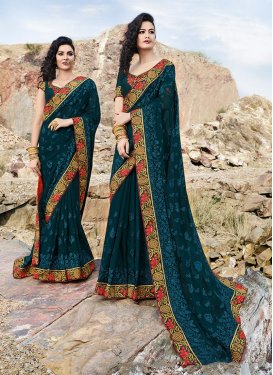 Teal Faux Chiffon Embroidered Designer Saree