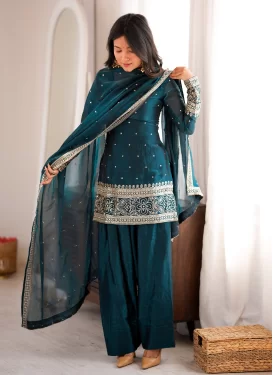 Teal Fendi Silk Embroidered Work Punjabi Salwar Suit for Women