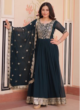 Teal Georgette Designer Gown with Embroidered Work for Ceremonial