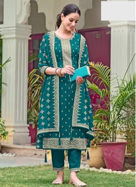 Teal Georgette Straight Suit with Embroidered Work for Festival
