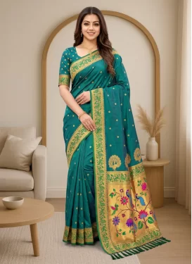Teal Paithani Silk Woven Work Trendy Saree for Women