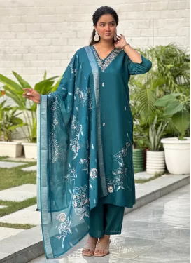 Teal Silk Blend Embroidered Work Readymade Salwar Suit for Women
