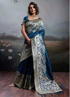 Teal Silk Blend Traditional Saree with Woven Work for Casual