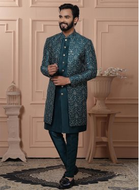 Teal Silk Cord Work Indo Western for Men