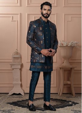 Teal Silk Indo Western with Cord Work for Festival