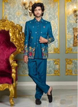 Teal Silk Jodhpuri Suit with Embroidered Work for Festival