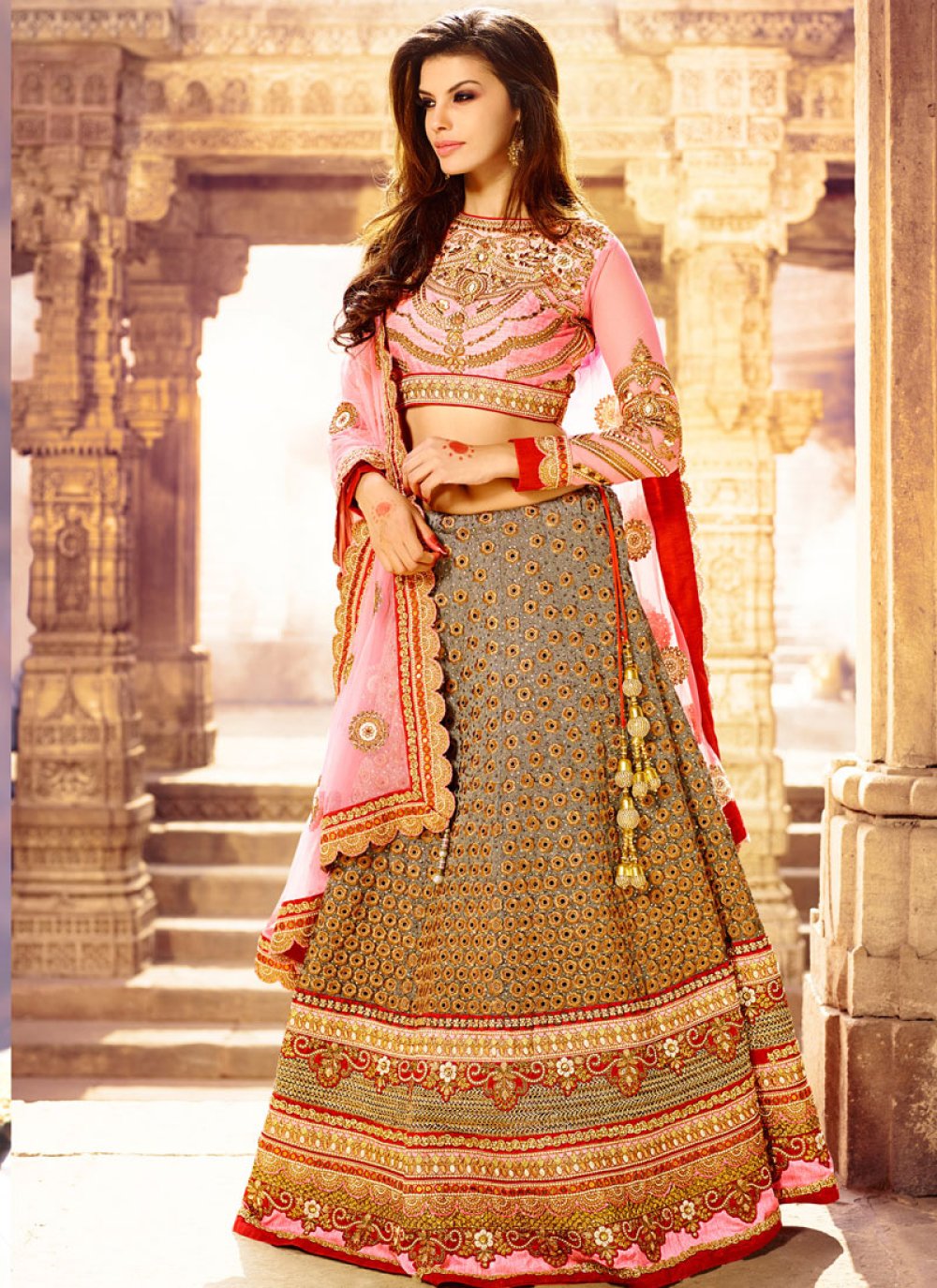 Red Stone Work Lehenga Choli In Silk Latest 2885LG19