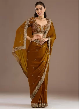 Tissue Classic Saree with Embroidered Work for Ceremonial in Mustard