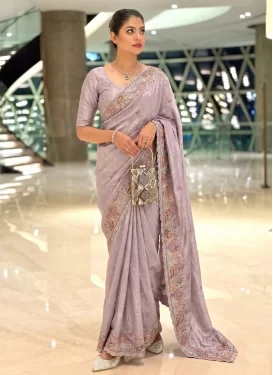 Tissue Classic Saree with Embroidered Work for Party in Mauve Pink
