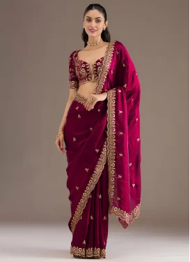 Tissue Classic Saree with Embroidered Work for Women in Crimson