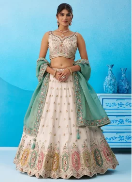 Tissue Designer Lehenga Choli with Embroidered Work for Festival in Cream