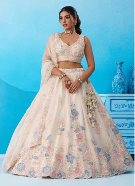 Tissue Designer Lehenga Choli with Embroidered Work for Festival in Cream
