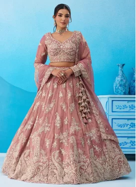 Tissue Designer Lehenga Choli with Embroidered Work for Women in Salmon