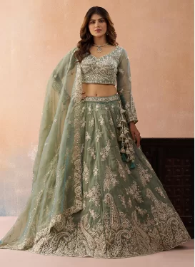 Tissue Designer Lehenga Choli with Embroidered Work for Women in Sea Green