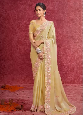 Tissue Embroidered Work Trendy Saree in Gold