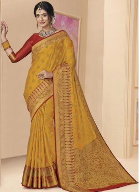 Tissue Mustard and Red Woven Work Traditional Designer Saree