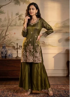 Tissue Palazzo Suit in Olive with Embroidered Work for Party