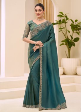 Tissue Traditional Saree in Teal with Embroidered Work for Women