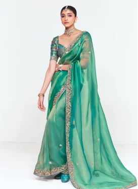 Tissue Traditional Saree with Embroidered Work for Ceremonial in Aqua Blue