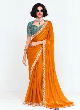 Tissue Traditional Saree with Embroidered Work for Festival in Orange