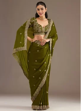 Tissue Traditional Saree with Embroidered Work in Olive