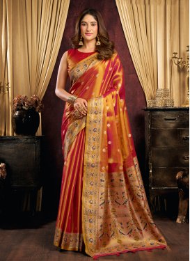Tissue Trendy Saree in Orange with Woven Work for Women