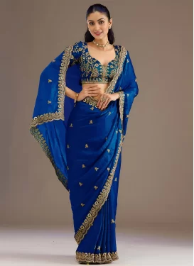 Tissue Trendy Saree with Embroidered Work for Festival in Blue
