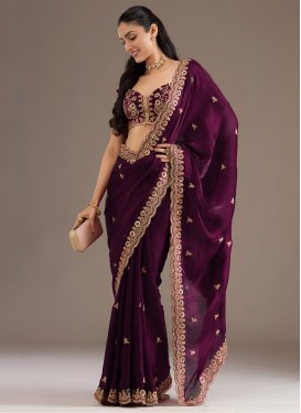 Tissue Trendy Saree with Embroidered Work for Festival in Wine