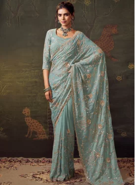 Tissue Trendy Saree with Embroidered Work in Aqua Blue
