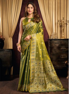 Tissue Trendy Saree with Woven Work for Festival in Olive