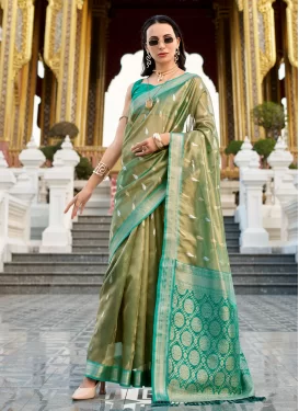 Tissue Trendy Saree with Woven Work in Aqua Blue and Olive