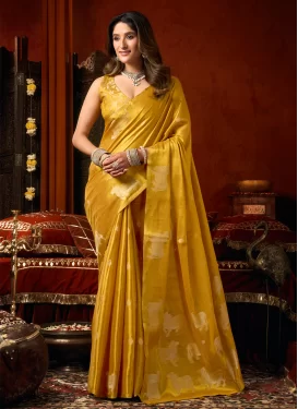 Tissue Woven Work Trendy Saree in Mustard