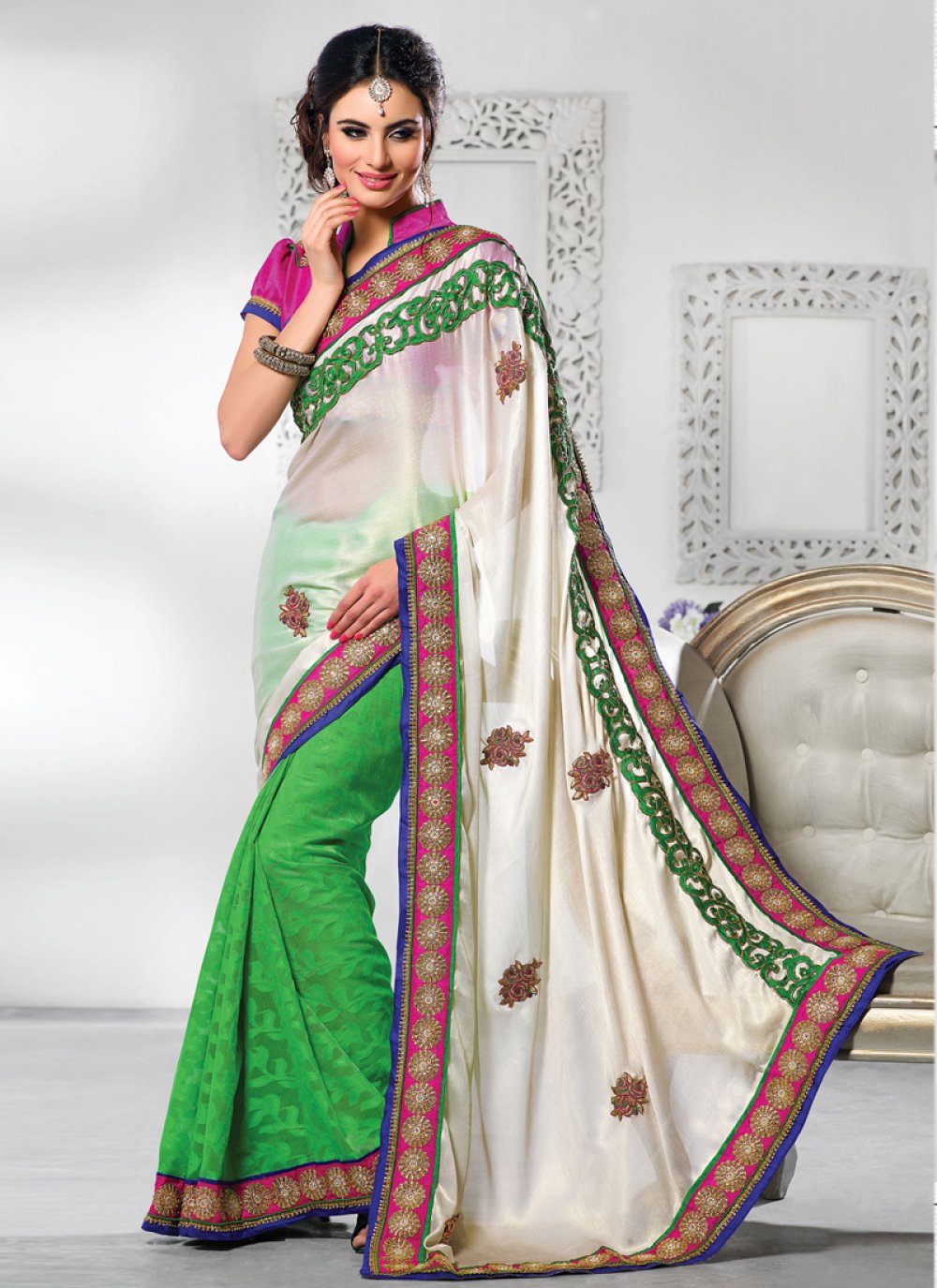 Striking Green And Off White Half N Half Saree