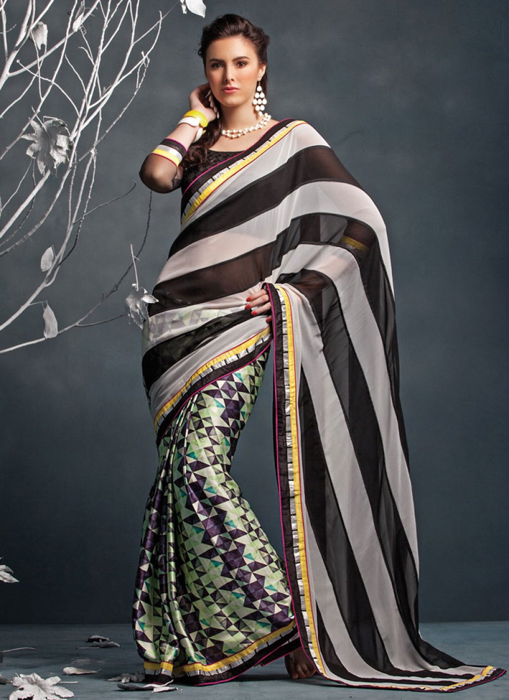 Black and white outlet half saree