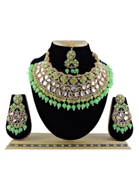 Trendy Alloy Gold Rodium Polish Mint Green and White Beads Work Necklace Set