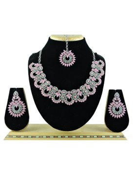 Trendy Alloy Pink and Silver Color Beads Work Necklace Set