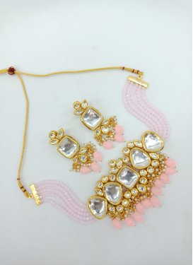 Trendy Beads Work Pink and White Gold Rodium Polish Necklace Set