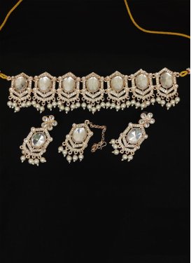 Trendy Cream and White Alloy Gold Rodium Polish Necklace Set For Party