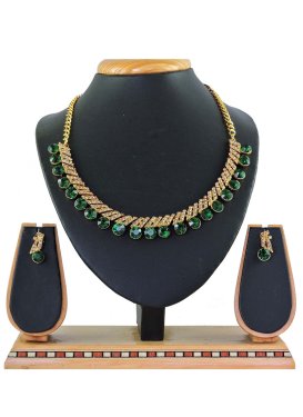 Trendy Gold and Green Alloy Gold Rodium Polish Necklace Set For Party