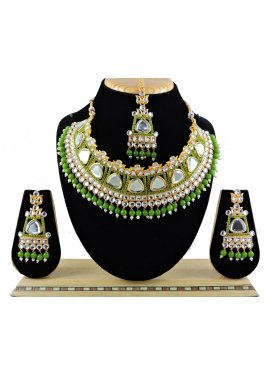 Trendy Gold Rodium Polish Beads Work Olive and White Necklace Set for Festival