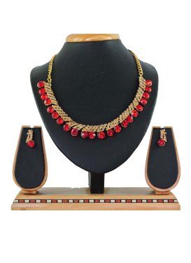 Trendy Gold Rodium Polish Stone Work Alloy Gold and Red Necklace Set