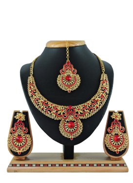 Trendy Gold Rodium Polish Stone Work Alloy Gold and Red Necklace Set For Party