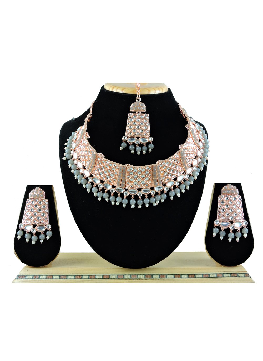 Trendy Grey and White Beads Work Necklace Set For Festival