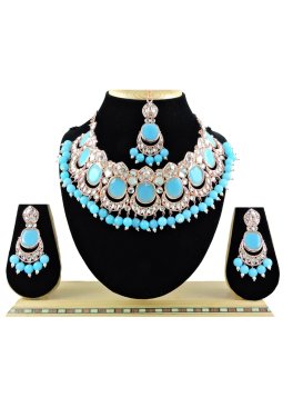 Trendy Light Blue and White Beads Work Necklace Set