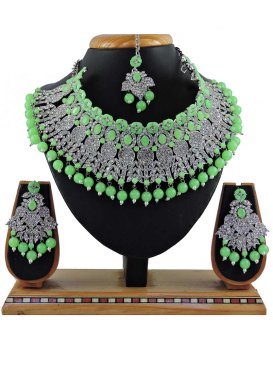 Trendy Mint Green and White Beads Work Zinc Silver Rodium Polish Necklace Set