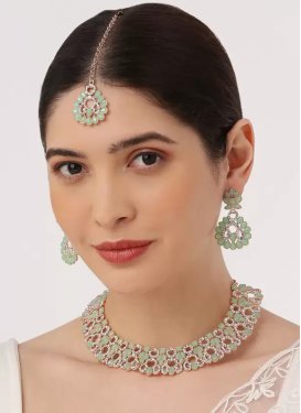 Trendy Mint Green and White Stone Work Necklace Set For Ceremonial