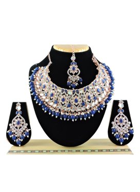 Trendy Navy Blue and White Gold Rodium Polish Beads Work Necklace Set