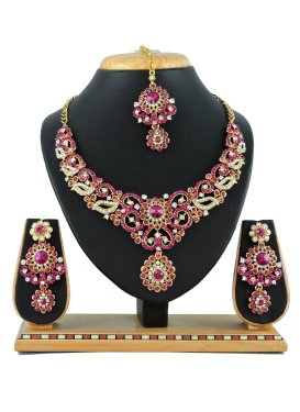 Trendy Rose Pink and White Stone Work Necklace Set For Festival