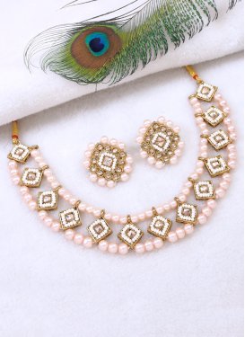 Trendy Salmon and White Beads Work Necklace Set For Party