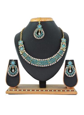 Trendy Stone Work Turquoise and White Gold Rodium Polish Necklace Set